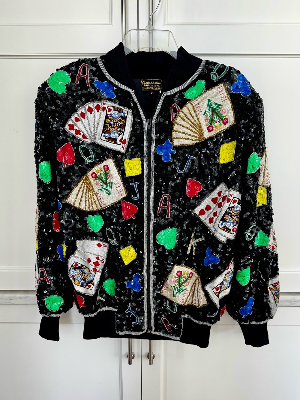 Creative Creations Silk Sequin Casino Bomber Jacket Winning Hand M Vtg Exc Cond